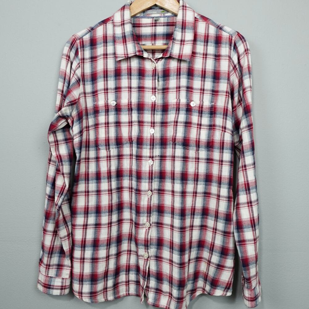 Horny Toad Flannel Tunic Top Sz S Red Cream Plaid Gathered Back Shirt Pockets LS